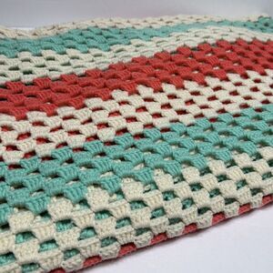 Handmade Afghan Crochet Throw Lap Blanket Mint Green Coral Ivory